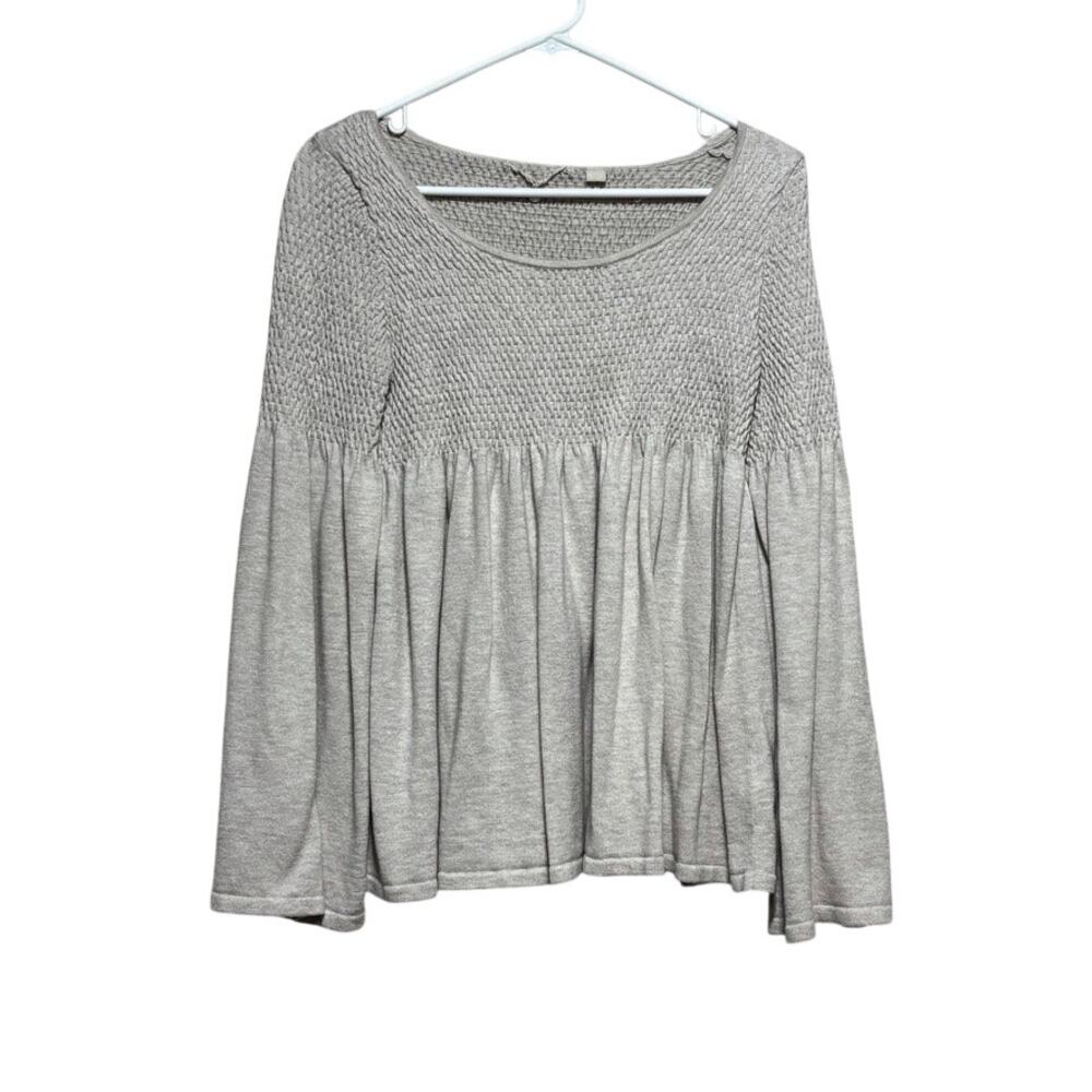 Anthropologie Knitted & Knotted Esme Smocked Bell Sleeve Top Cream Boho M